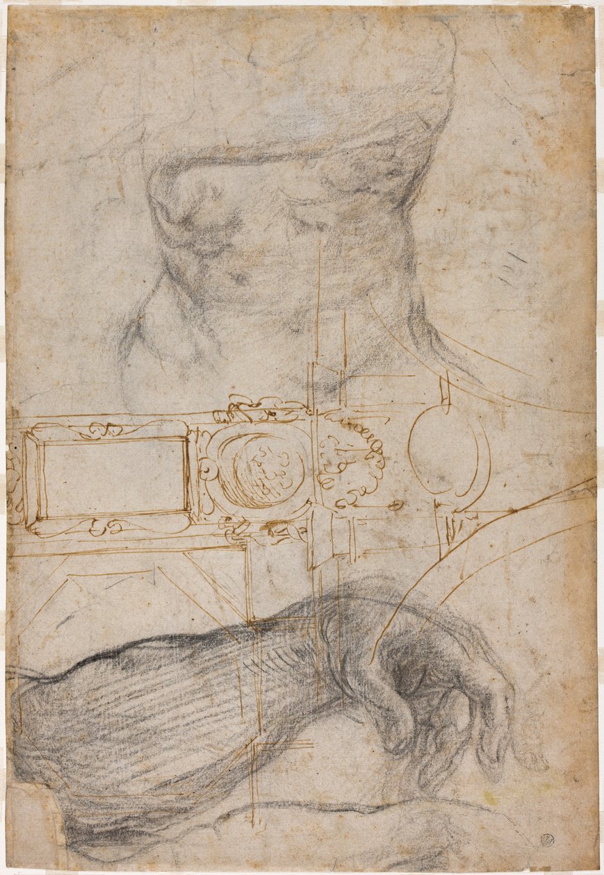 Schema för utsmyckning av taket i Sixtinska kapellet, c.1508 (penna & brunt bläck och svart krita på krämigt papper) av Michelangelo Buonarroti