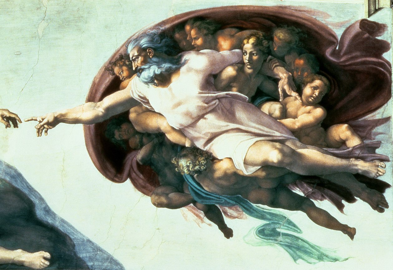 Sixtinska kapellets tak: Creation of Adam, 1510 (efter restaurering) (detalj av 77430) av Michelangelo Buonarroti