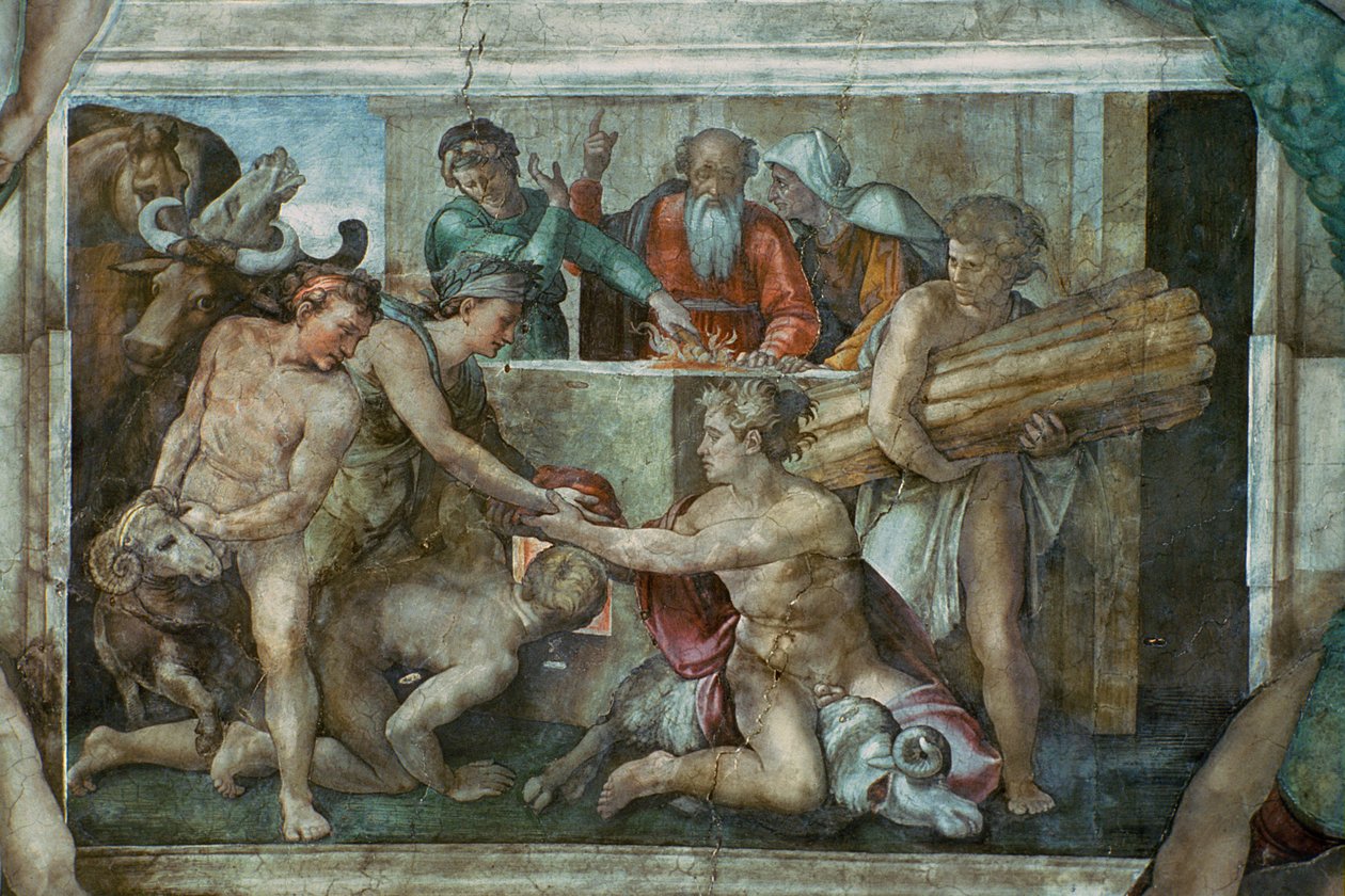 Sixtinska kapellets tak: Noah After the Flood (förrestaurering) av Michelangelo Buonarroti