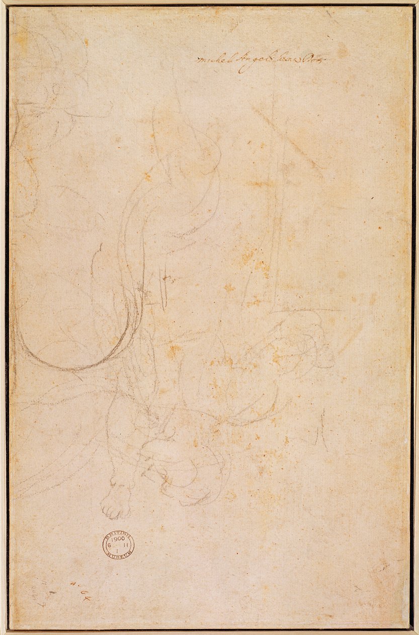 Skiss av en figur med konstnärens signatur (kol på papper) (verso) av Michelangelo Buonarroti