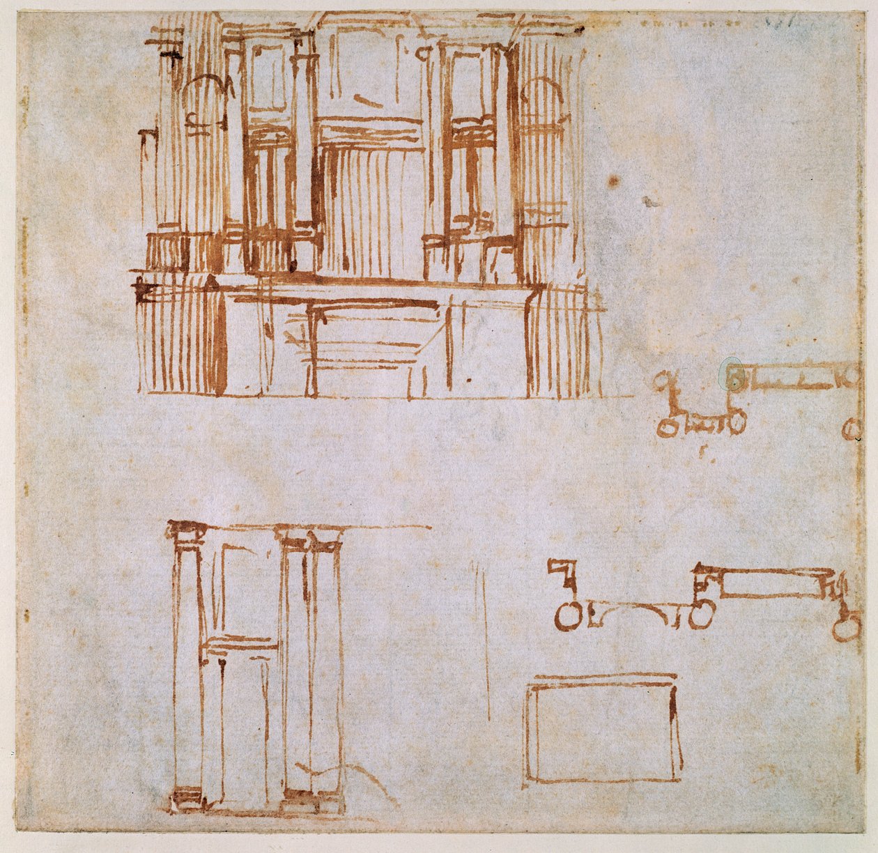 Studier för en monumental vägggrav (för Clemens VII:s och Leo X:s gravar projicerade för kören i San Lorenzo, Florens) 1525-26 (penna och brun på papper) (recto) (för verso se 191780) av Michelangelo Buonarroti