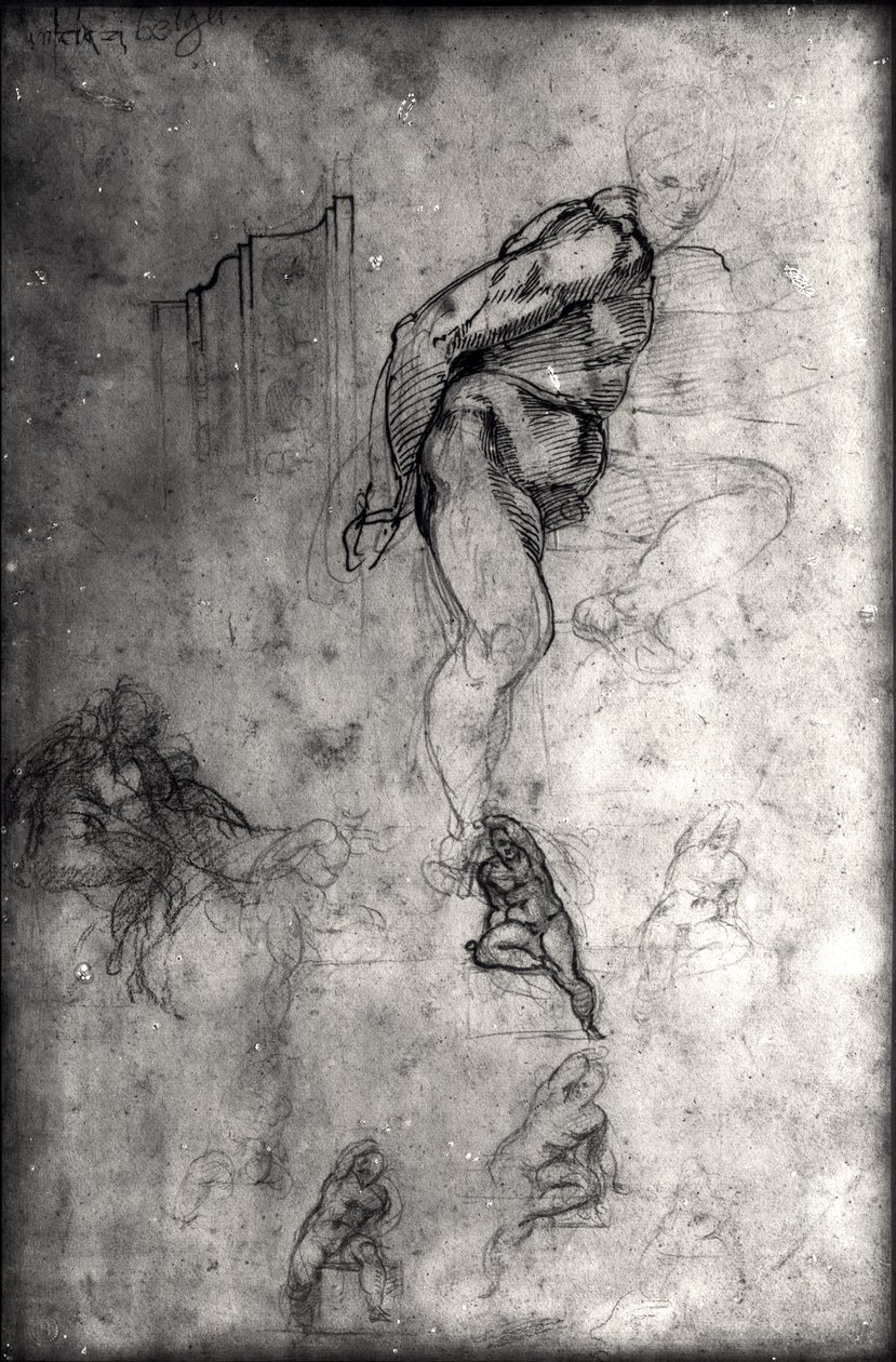 Studier för figurer i det sixtinska taket (penna & bläck och penna på papper) av Michelangelo Buonarroti
