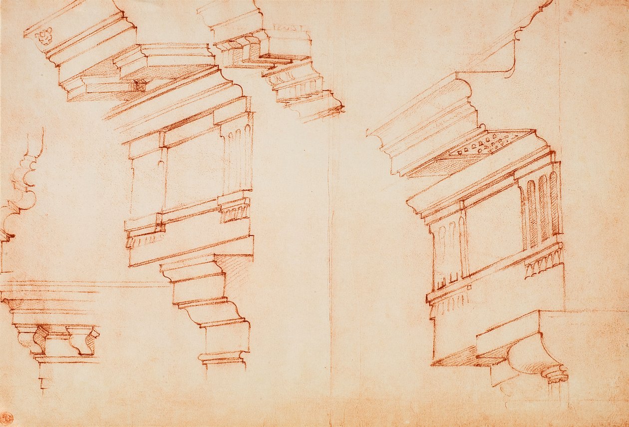 Studie för entablatur och taklist; teckning av Michelangelo. Casa Buonarroti, Florens av Michelangelo Buonarroti