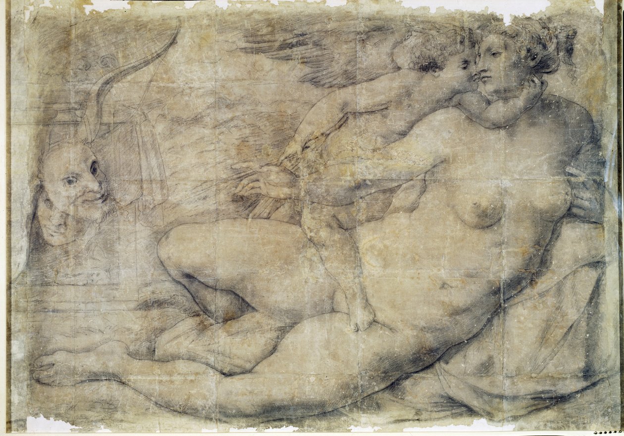 Venus med Amor (träkol på papper) av Michelangelo Buonarroti