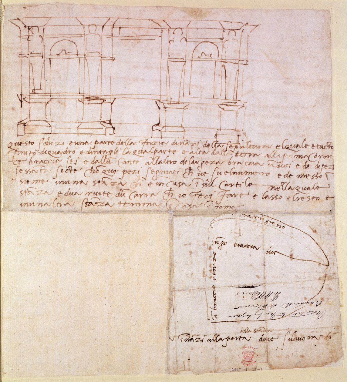 W.23r Arkitektskitse med noter (pen og blæk) swed av Michelangelo Buonarroti