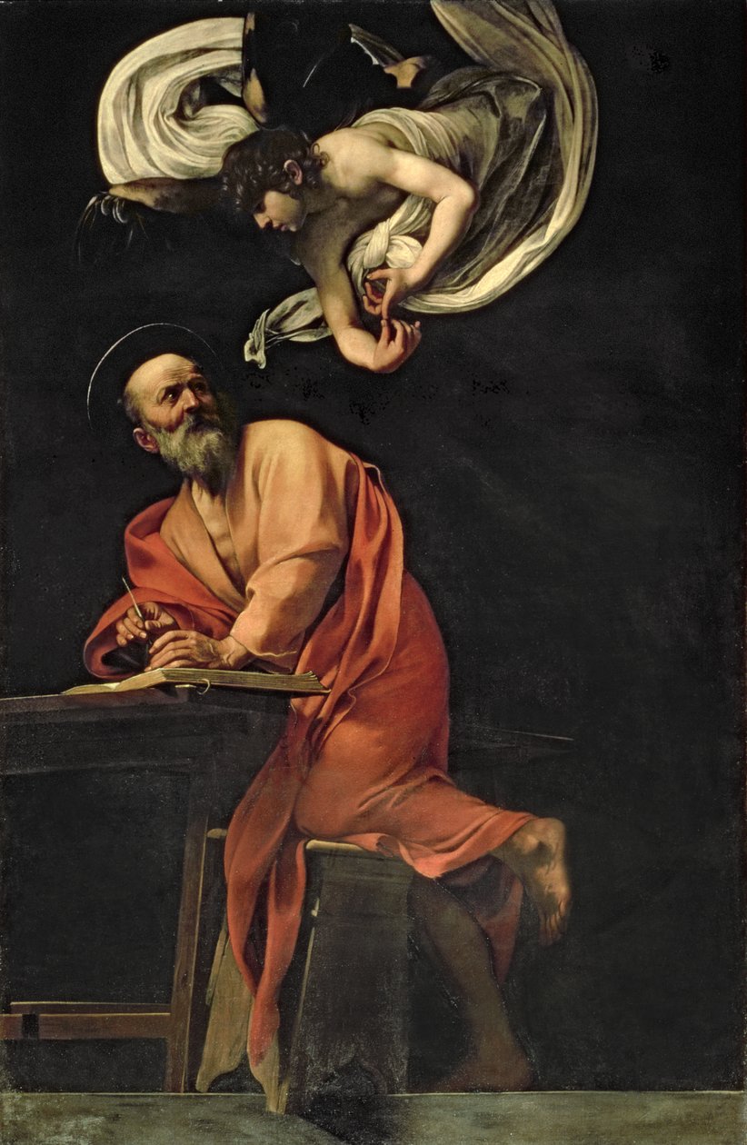 St. Matteus och ängeln, 1602 (panel) av Michelangelo Merisi Caravaggio