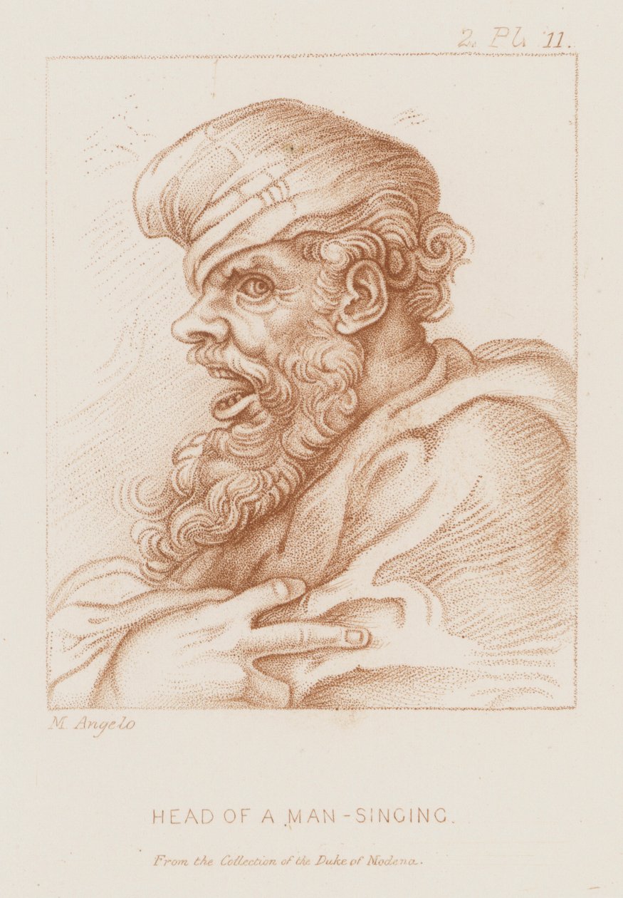 Huvudet på en man som sjunger (etsning) av Michelangelo (after) Buonarroti