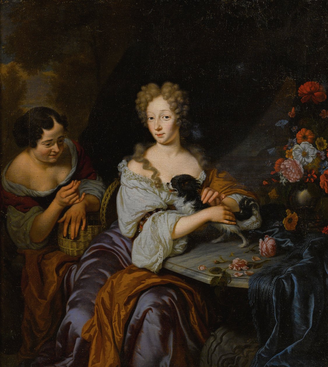 Portrait of a Lady with her dog and a maid av Michiel van Musscher