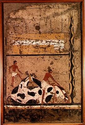 Begravningsoffer av en tjur, från Itis grav (väggmålning) av Middle Kingdom Egyptian