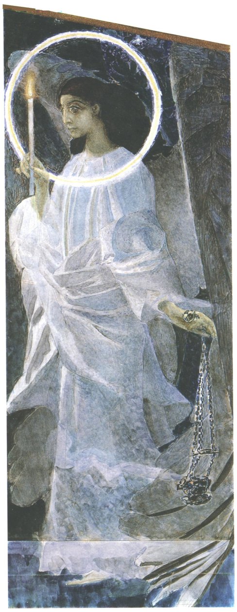 Ängel med ljus, 1887 (wc, penna och lack på papper) av Mikhail Aleksandrovich Vrubel