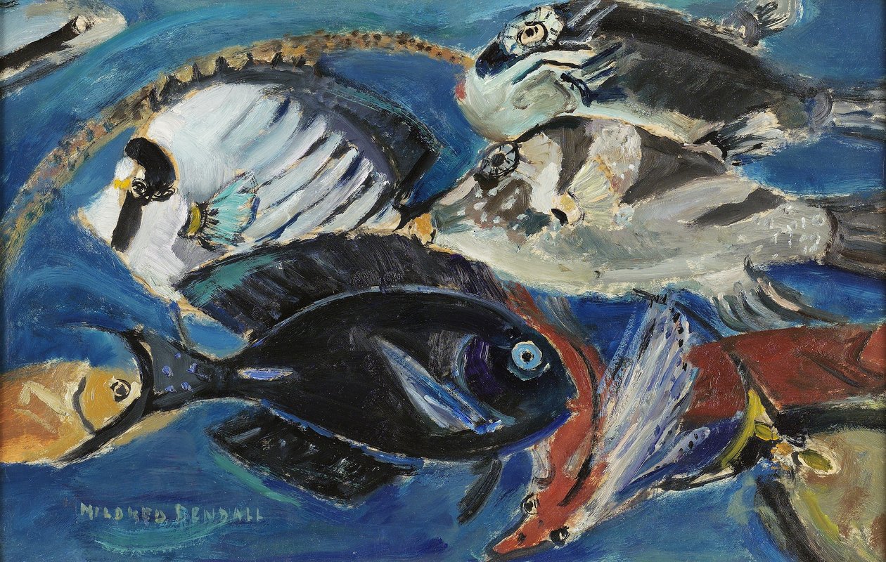 Poissons, ca 1950 (olja på papper på panel) av Mildred Bendall