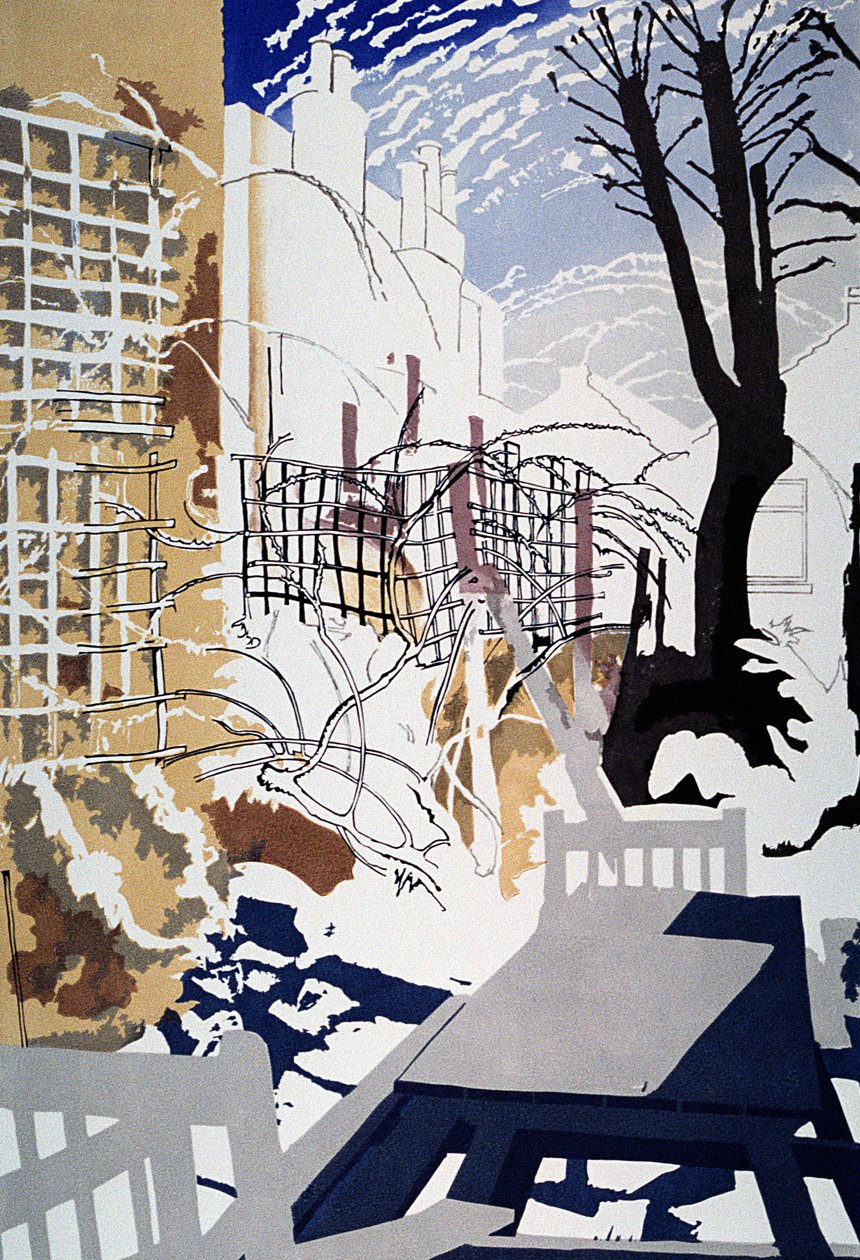 Stark Winter Back-Garden, 1993 (färg linosnitt) av Miles Contemporary Artist Thistlethwaite