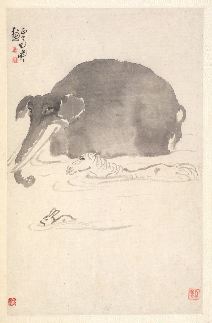 Elefant, häst och hare, 1788. av Min Zhen