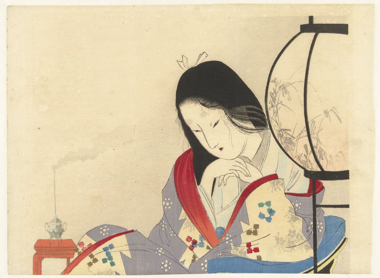 Kvinde i et interiør ved en lampe, 1890-1908 (farvetræsnit) svensk av Mizuno Toshikata