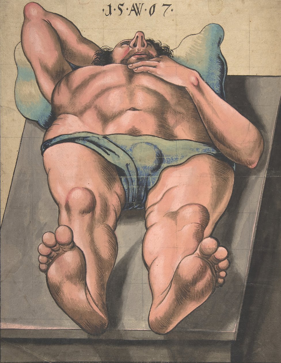 Naken man liggande på ett bord, 1567. av Monogrammist AW