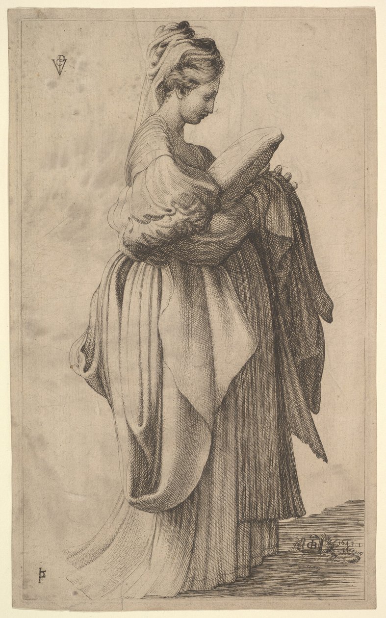 Kvinnlig figur som håller en kudde, 1643. av Monogrammist VCP