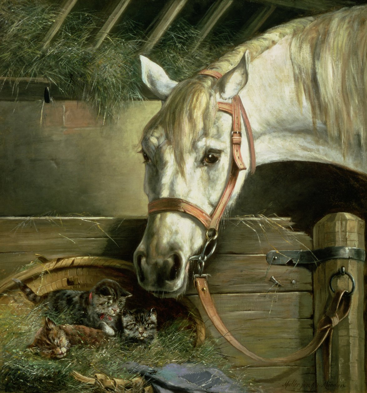 Häst och kattungar, 1890 av Moritz Muller