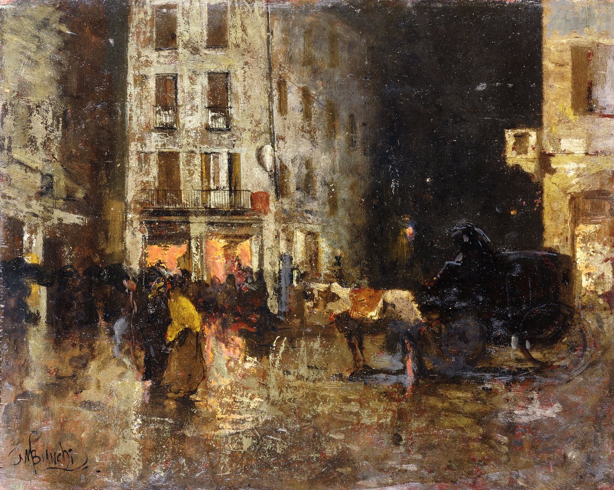 En gatubild på natten, av Mose Bianchi