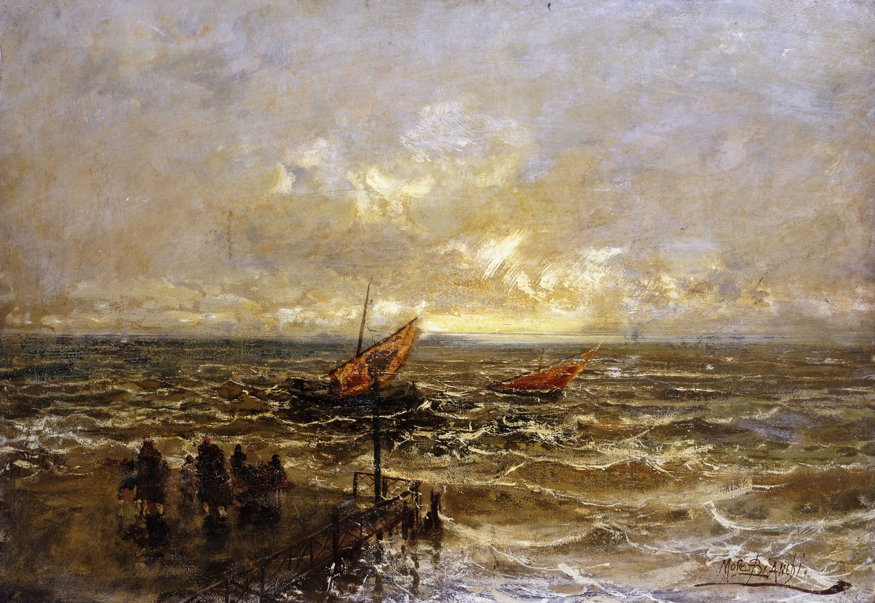 Segelbåtar utanför en brygga, av Mose Bianchi