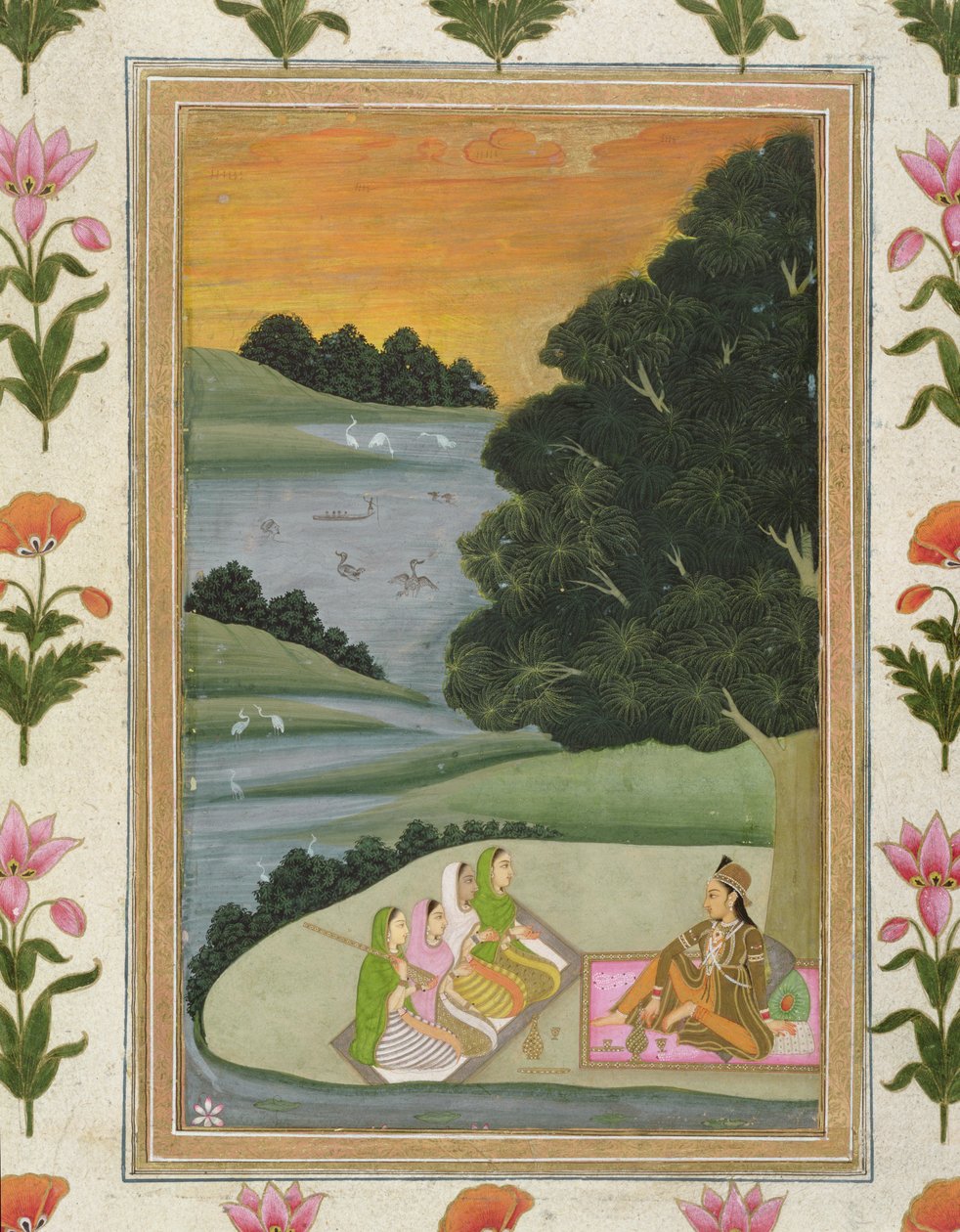 En prinsessa som lyssnar på kvinnliga musiker vid en flod i solnedgången, från Small Clive Album (ogenomskinlig wc på papper) av Mughal School