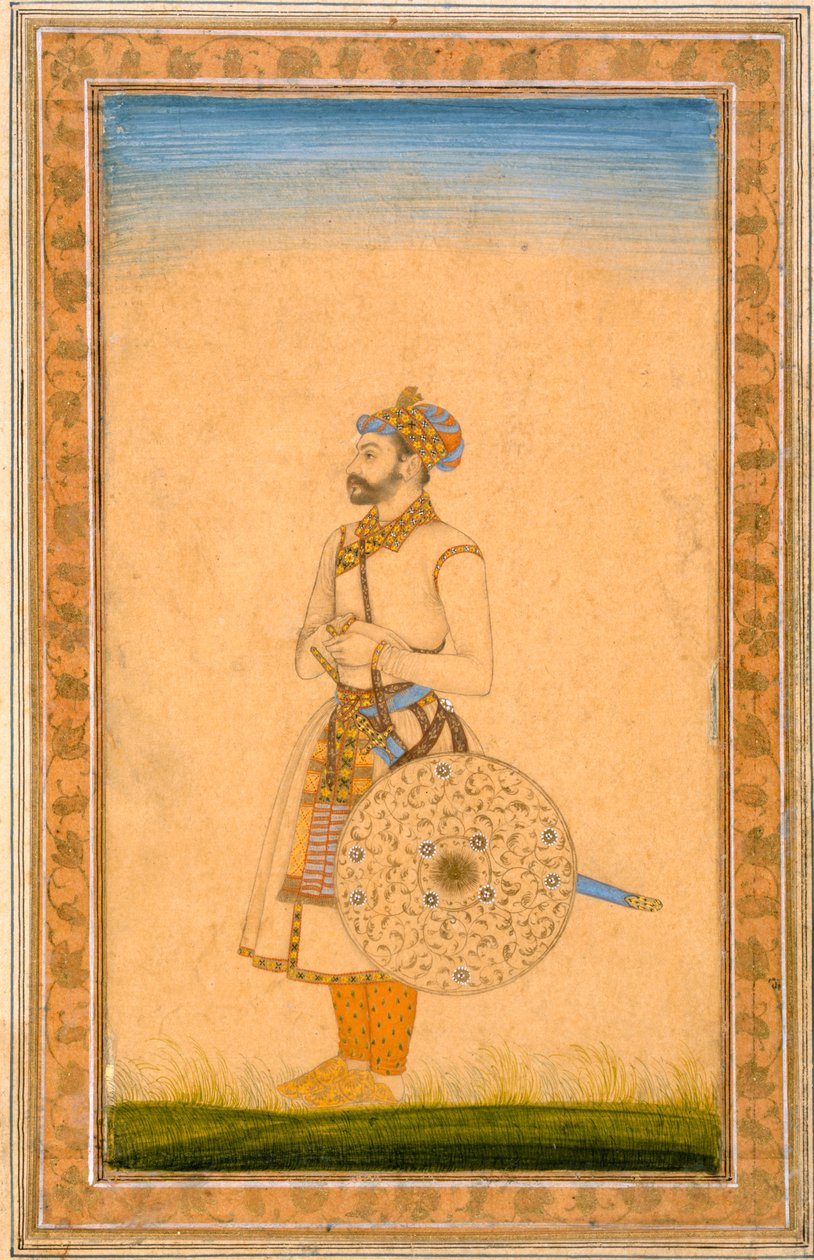 En officer, stående, med svärd och sköld, från Small Clive Album, c.1600 (ogenomskinlig wc på papper) av Mughal School