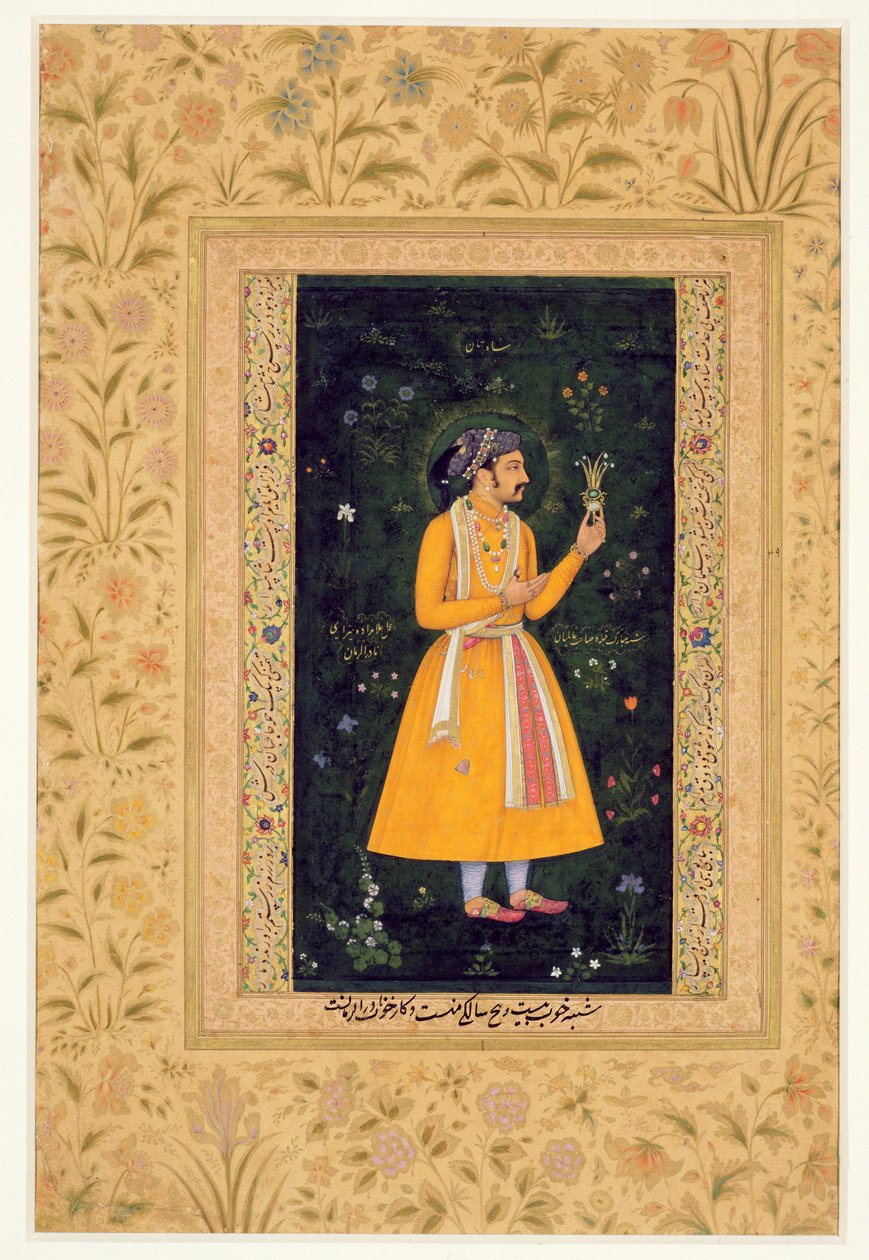 Kejsar Shah Jahan (1592-1666) (r.1627-1658) som prins, ca 1616 (gouache på pergament) av Mughal School