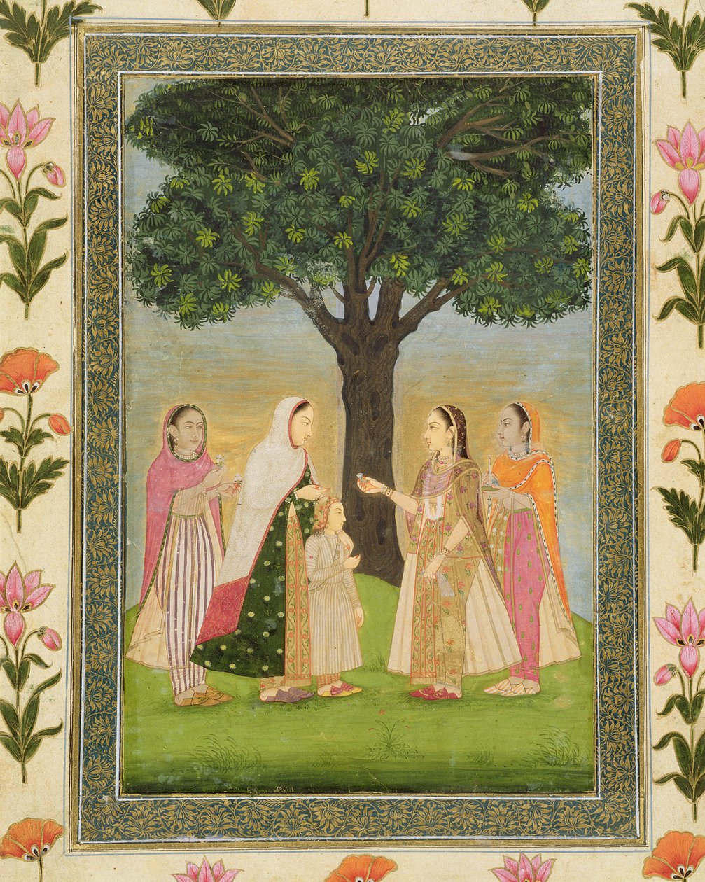Four Ladies meet by a Tree, från Small Clive Album (ogenomskinlig wc på papper) av Mughal School