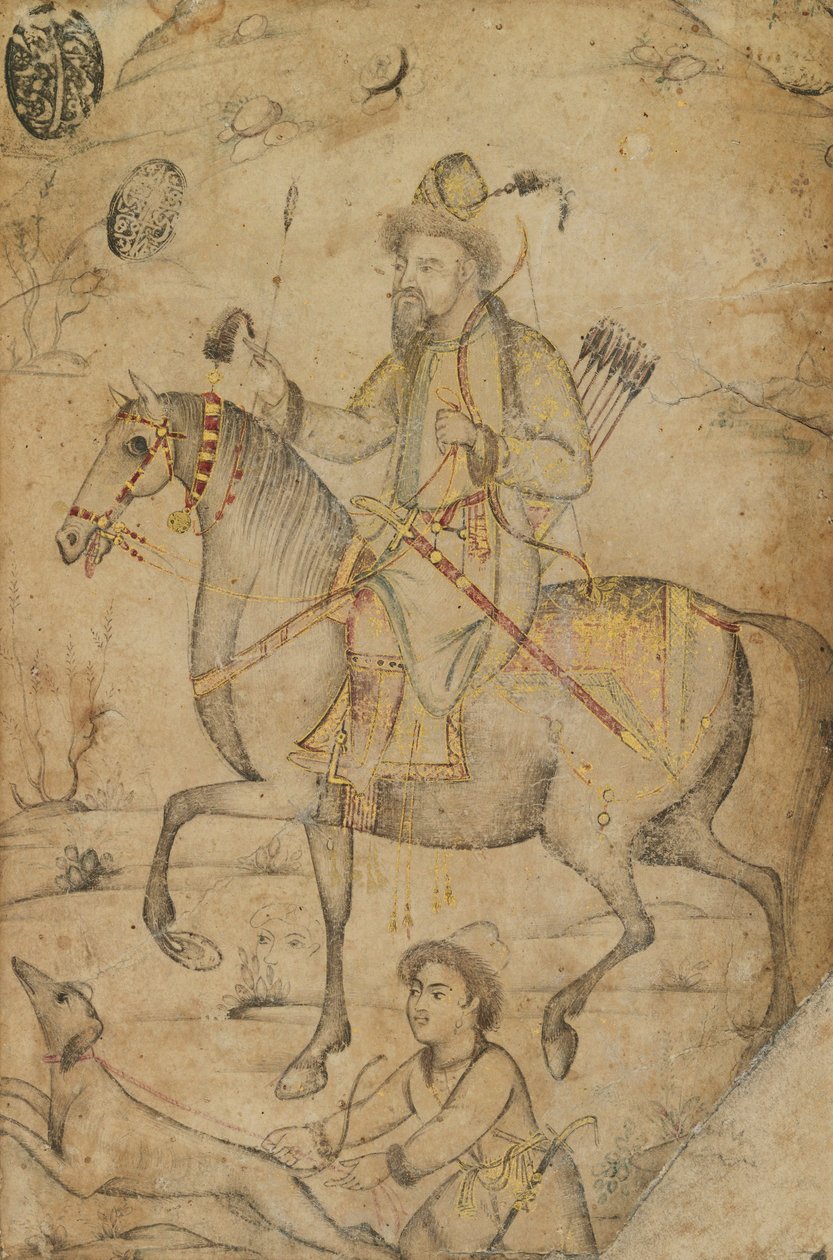 Hunter on a Horse, ca 1600 (bläck och wc på papper) av Mughal School