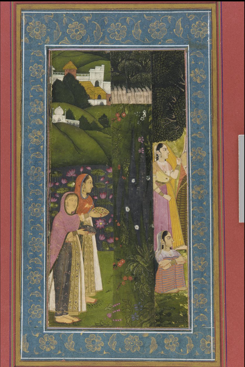 Ladies in a Garden, Albumfolio med målning, sent 1700-tal av Mughal School
