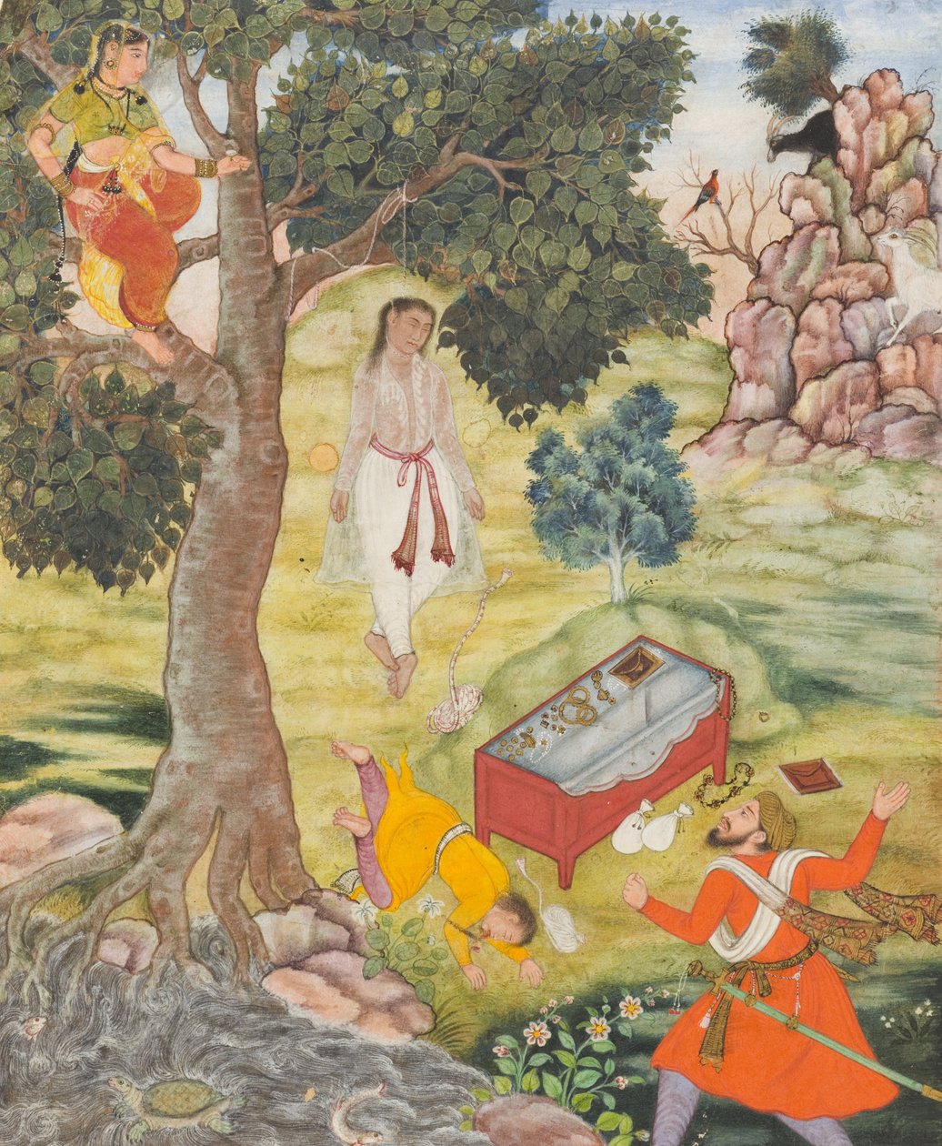 Berättelsen om den listiga Siddhikari, ca 1590 (opak akvarell, guld och bläck på papper) av Mughal School