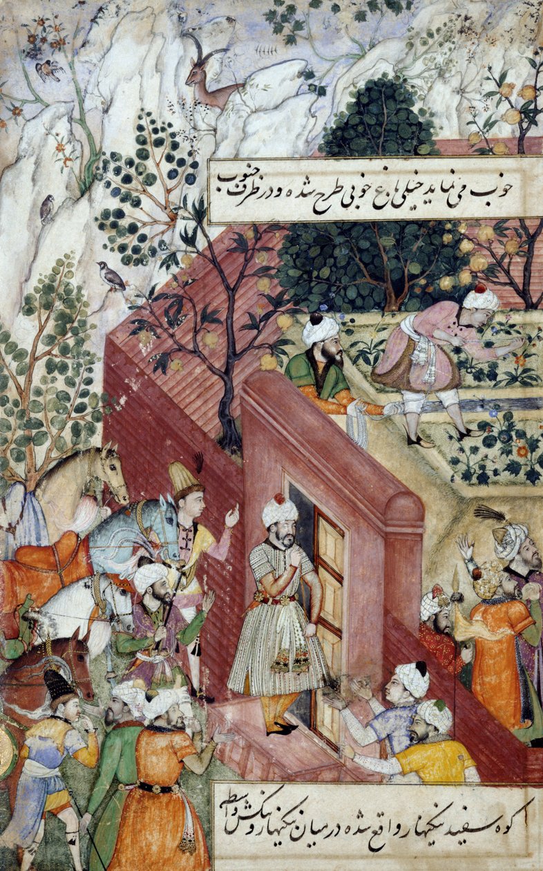 Mughalkejsaren Babur (r.1526-30) på väg att anlägga en trädgård, med hjälp av linjer, från 