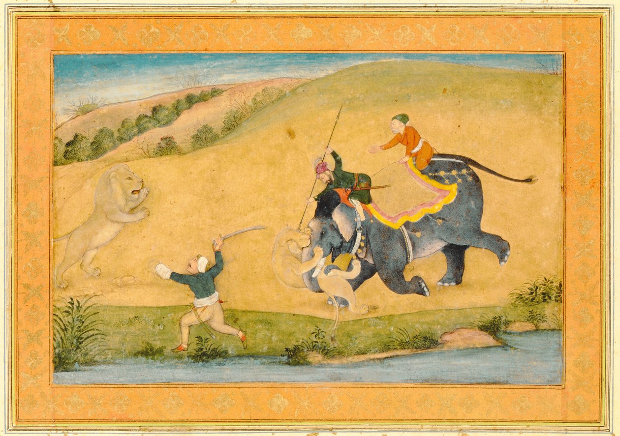 Tre män på lejonjakt, från Large Clive Album av Mughal School