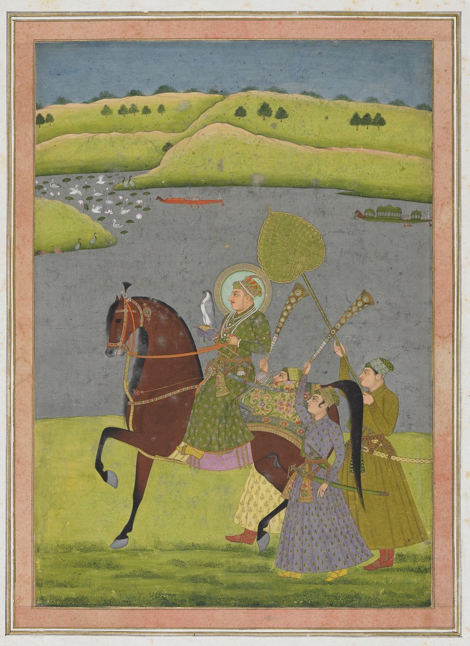 Ryttarporträtt av Muhammad Shah från Impey Album, fristående manuskriptfolio, ca 1730 (ogenomskinlig akvarell och guld på papper) av Mughal School