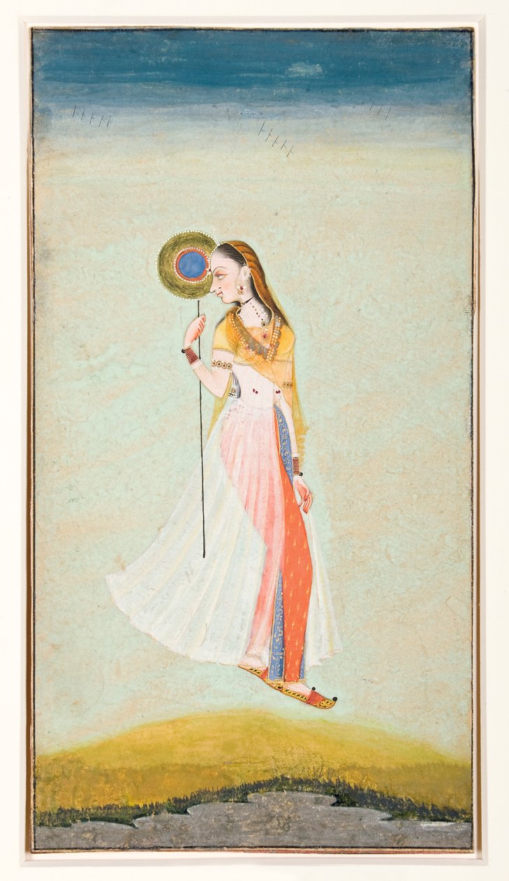 Najar bild av en kvinna som håller en fläkt och tittar bakåt över axeln, 1722 (ogenomskinlig wc och guld på papper) av Murad