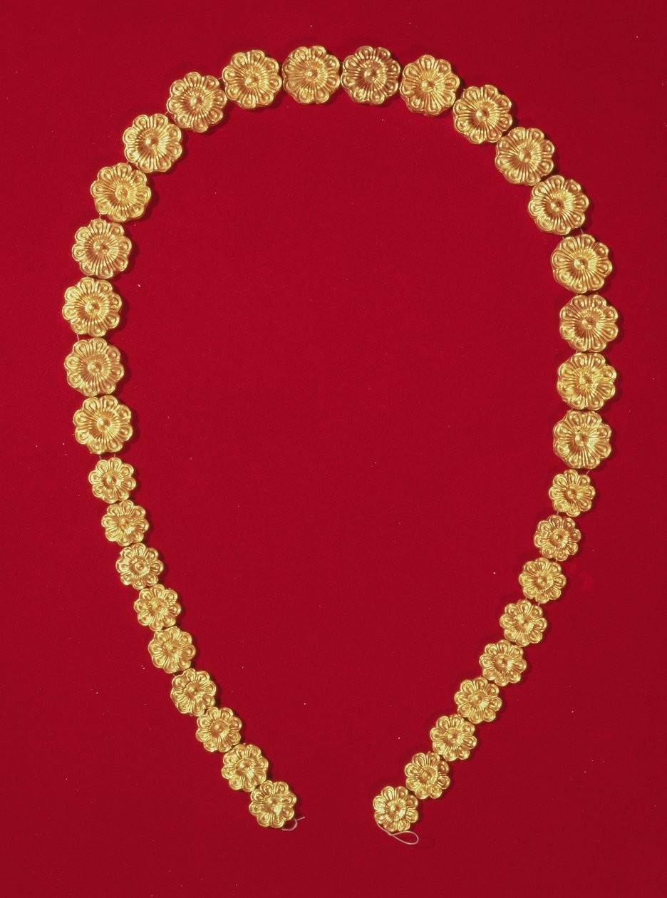 Halsband av rosettformade reliefpärlor, från Tholos-graven i Dendra, ca 1400 f.Kr. (guld) av Mycenaean