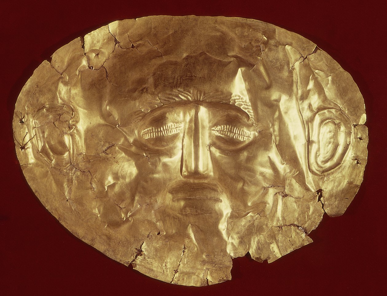 Dödsmask från den kungliga graven IV, Mykene, ca 1580-1550 f.Kr. (guld) (se även 37385) av Mycenaean