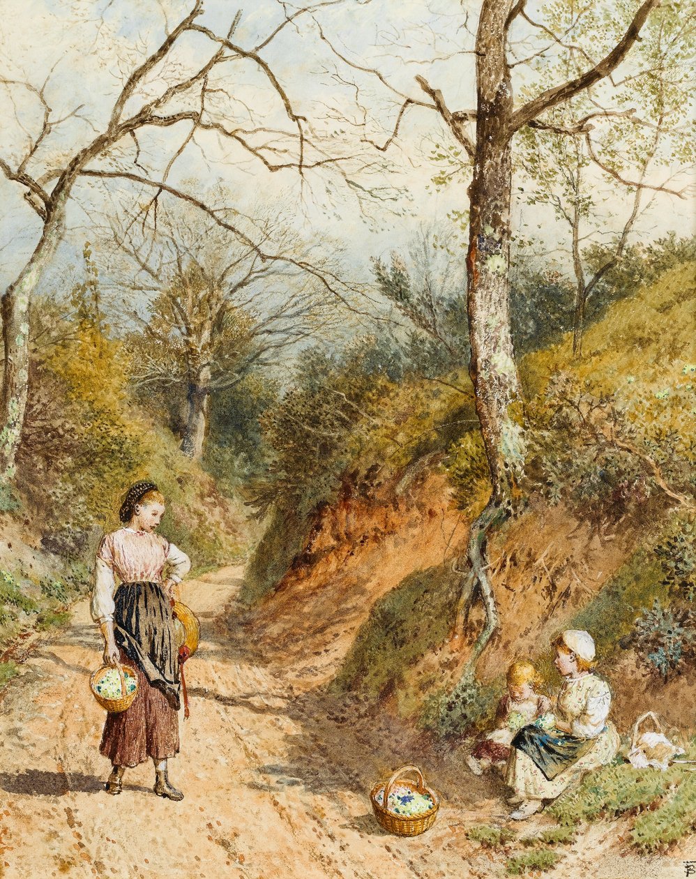 Primrose Gatherers (wc på papper) av Myles Birket Foster