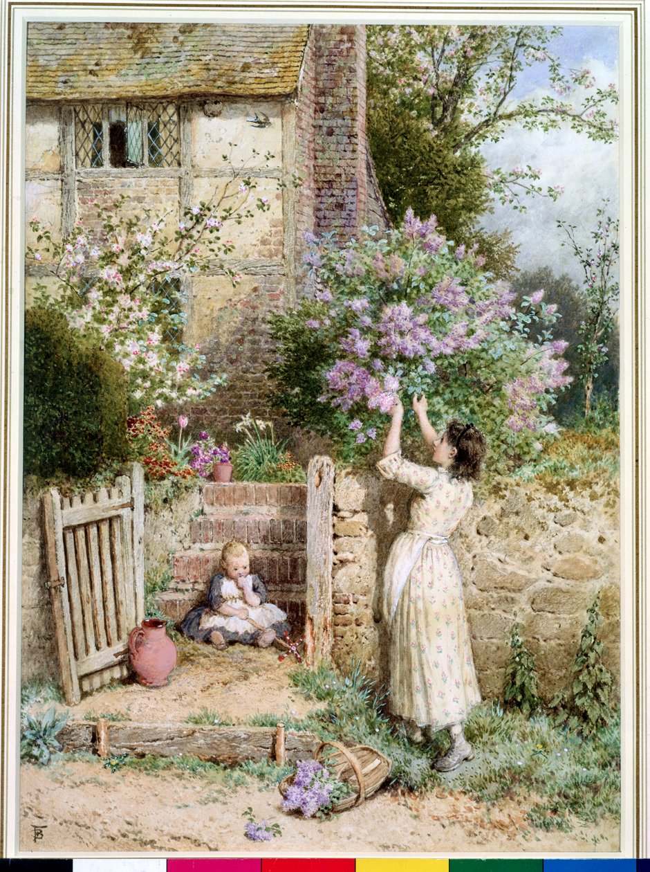 The Lilac Cottage (wc & kroppsfärg på papper) av Myles Birket Foster
