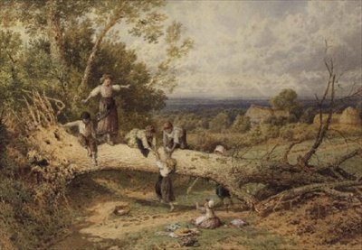 Barn som leker på ett fallna träd av Myles Birket Foster