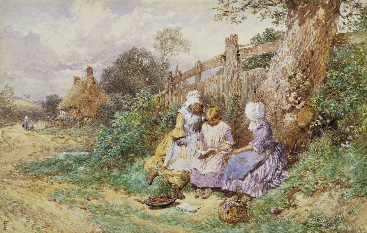 Barn som läser vid sidan av en landsväg, av Myles Birket Foster