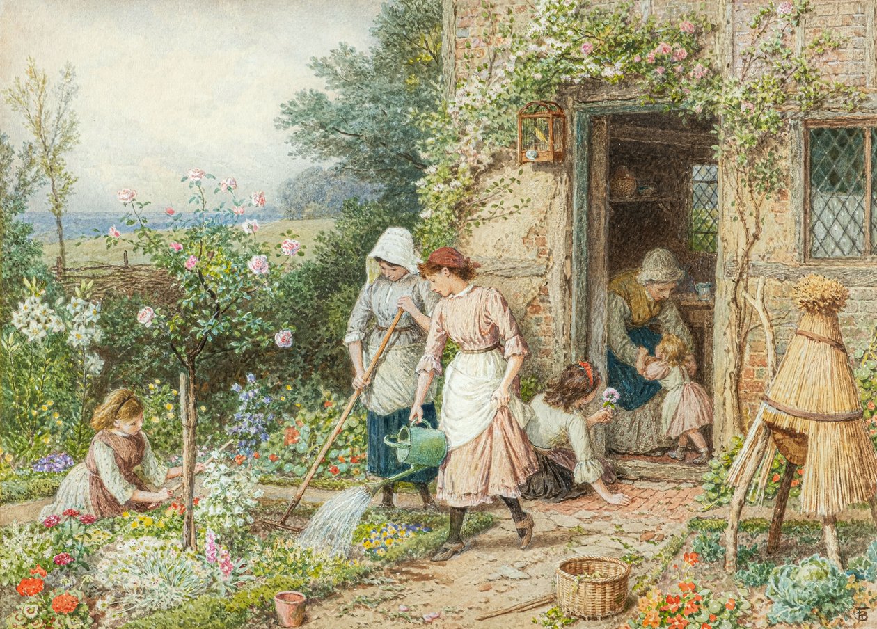 De små trädgårdsmästarna (akvarell) av Myles Birket Foster