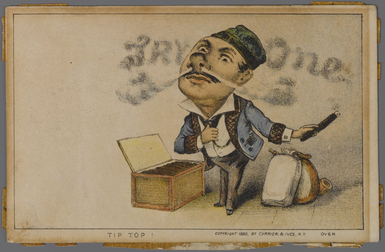 Annons för tipp-cigarrer, 1880 av N. and Ives, J.M. Currier