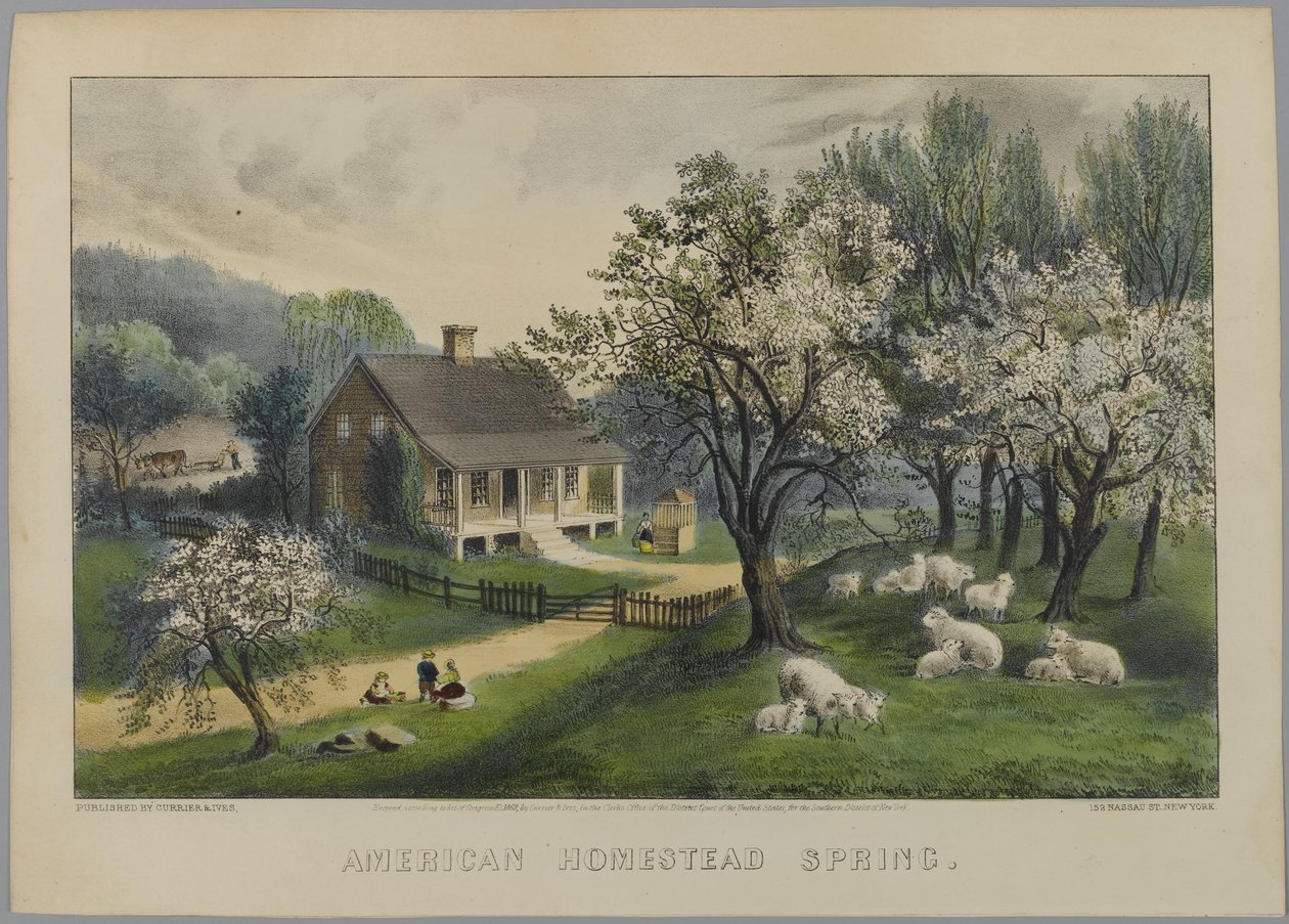 American Homestead Spring, 1868-69 (handfärgad litho) av N. and Ives, J.M. Currier