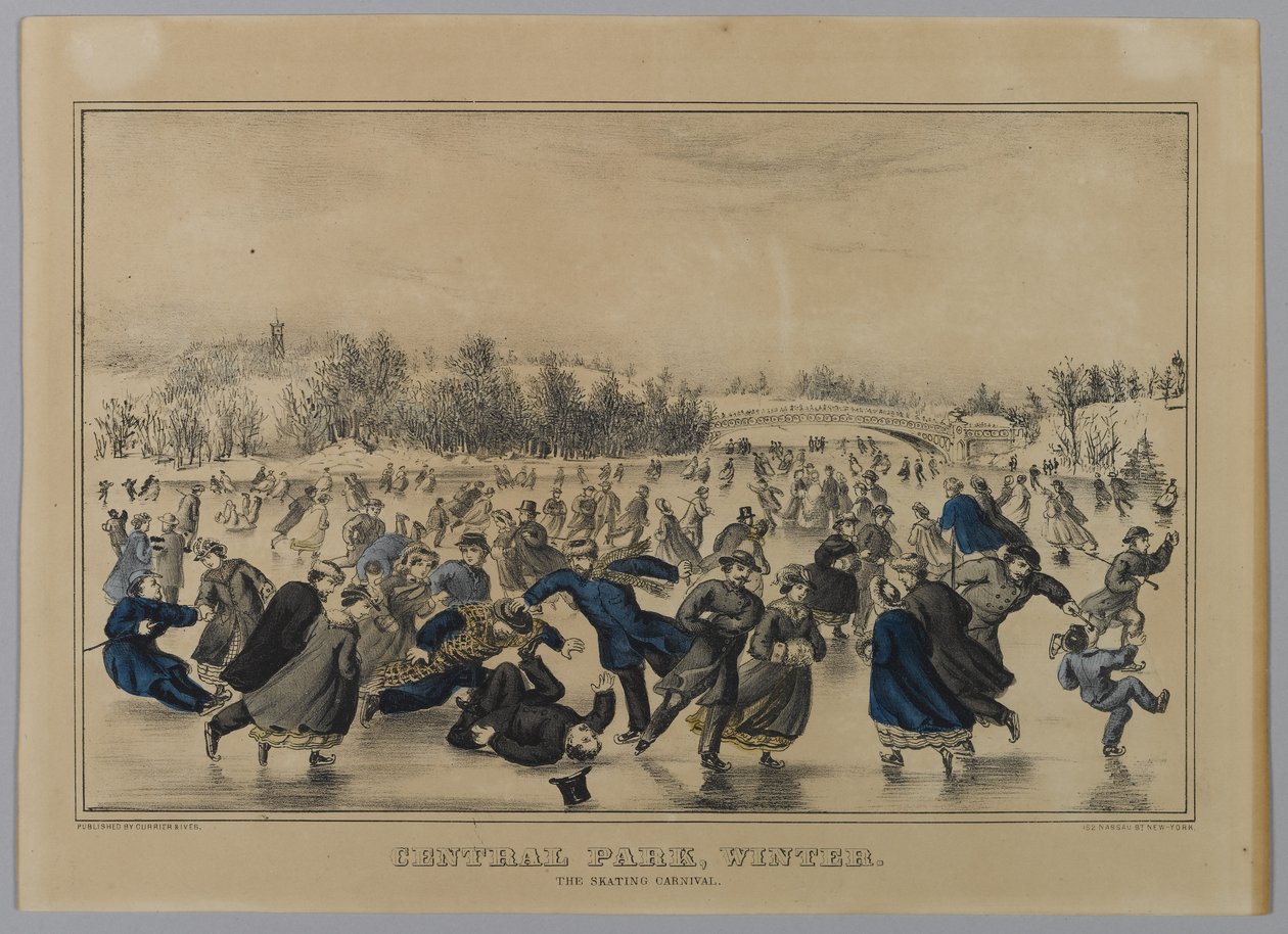 Central Park, vinter. Skridskokarnevalen. (handfärgad litho) av N. and Ives, J.M. Currier