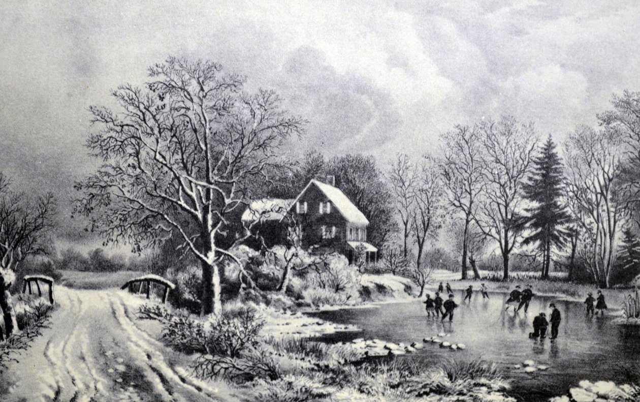 Currier & Ives Illustration 1800-talet. Tidig vinter av N. and Ives, J.M. Currier