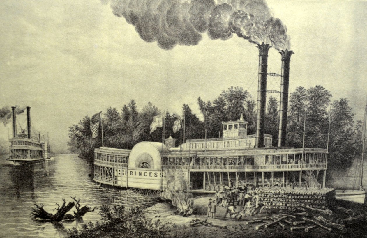Currier & Ives Illustration 1800-talet. Mississippi hjulångare av N. and Ives, J.M. Currier