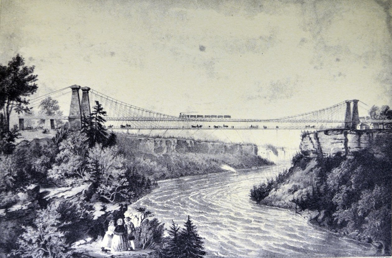 Currier & Ives Illustration 1800-talet. Järnvägsupphängningsbron, nära Niagarafallen. av N. and Ives, J.M. Currier
