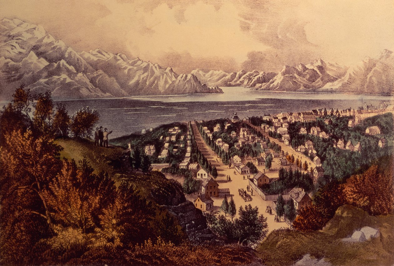 Great Salt Lake, Utah (färg litho) av N. and Ives, J.M. Currier