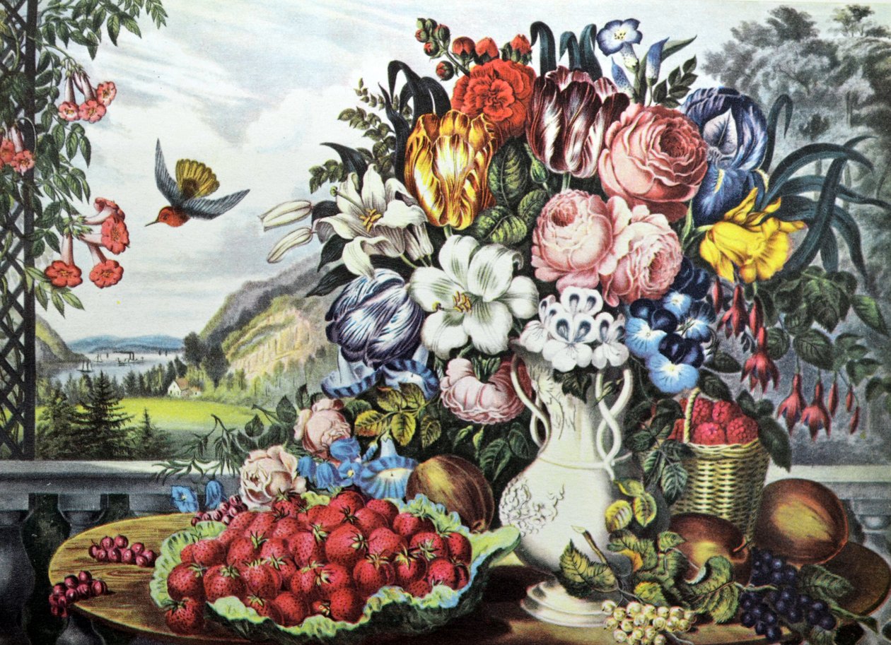 Landskap, frukt och blommor av N. and Ives, J.M. Currier