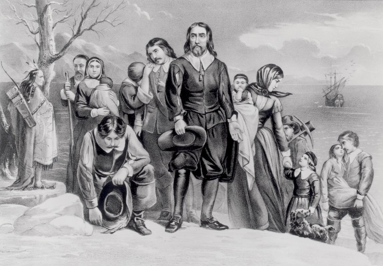 The Landing of the Pilgrims at Plymouth, Mass. 22 december 1620, pub. 1876 av N. and Ives, J.M. Currier